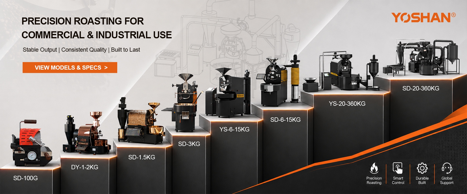 Yoshan coffee roaster range from sample to industrial production